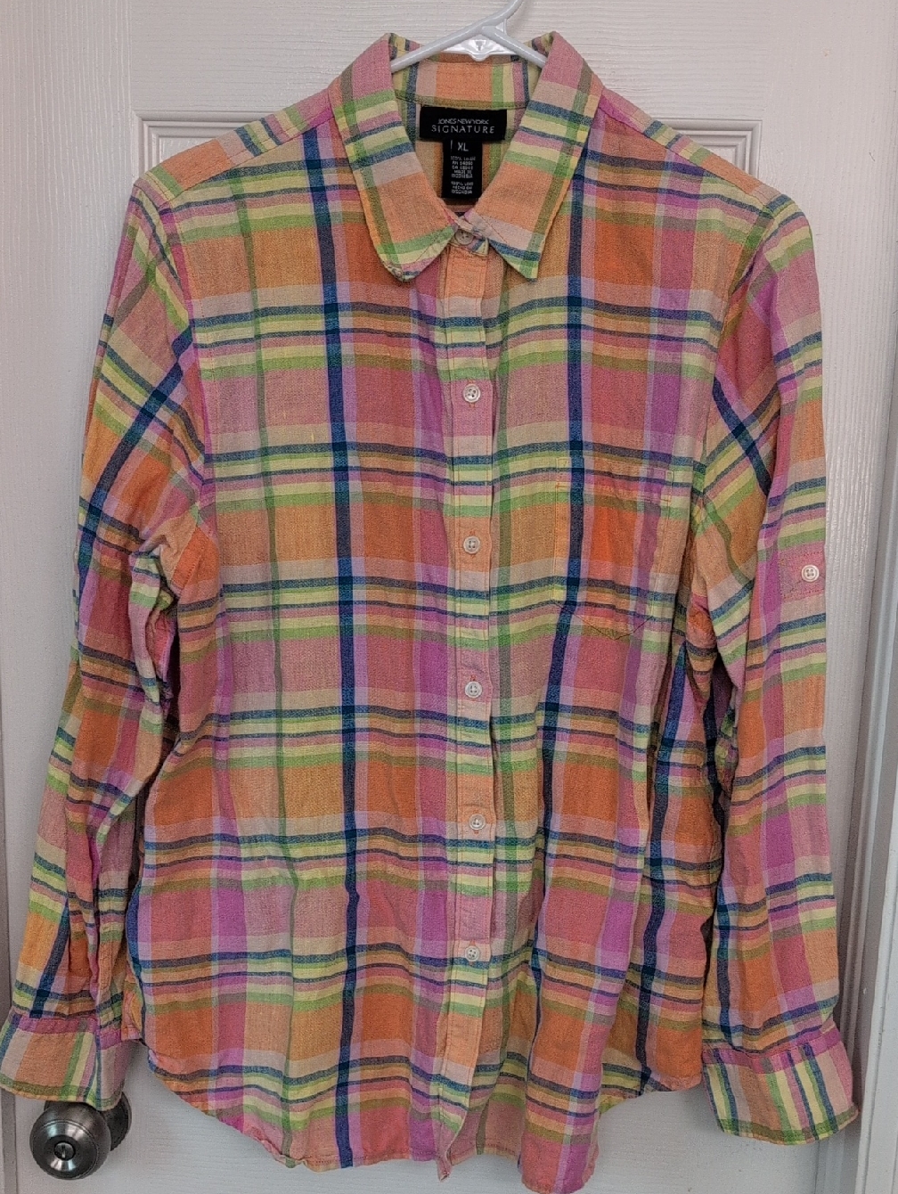 Jones New York 100% Linen Vintage Pink Orange Green Blue Plaid Button-Down Shirt